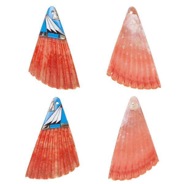Focal, sea scallop shell / multi-shell / resin (dyed/assembled), red / medium blue / multicolored, 50x33mm single-sided right- and left-facing half shells, Mohs hardness 3-1/2. Sold per pkg of 2. image number 0