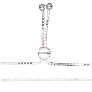 Necklace component, sterling silver and silicone, clear, 1.5mm box chain, 20 inches with 7mm flat round adjustable slider bead and 2 open loops. Sold individually.