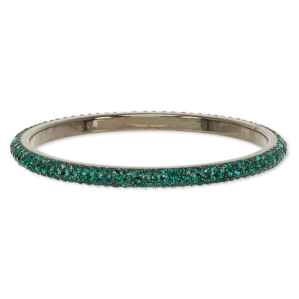 Bracelet, bangle, epoxy / Preciosa glass rhinestone / gunmetal-plated brass, black and emerald green, 6mm wide, 8-1/2 inches. Sold individually. image number 0