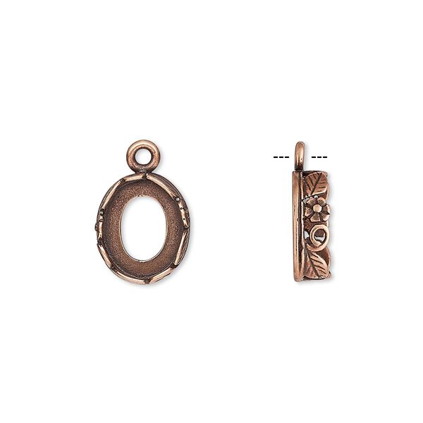 Drop, JBB Findings, antique copper-plated brass, 12x10mm oval with open back and flower and leaf design trim, 10x8mm oval bezel setting. Sold per pkg of 2. image number 0