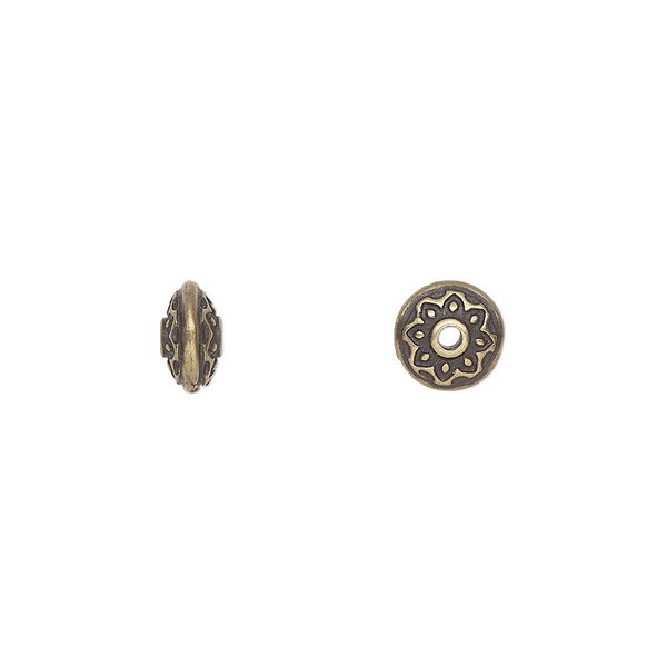 Bead, TierraCast®, antique brass-plated pewter (tin-based alloy), 7.5x4mm two-sided rondelle with lotus design. Sold per pkg of 10. image number 0