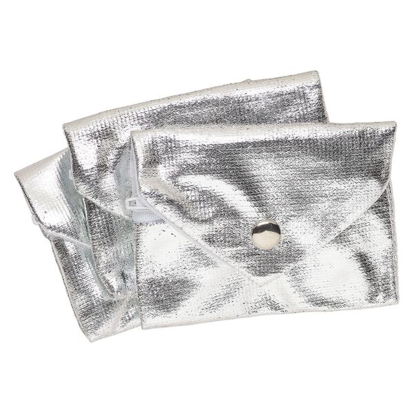 Pouch, metallic nylon, silver, 3x2.5-inches with snap and zipper. Sold per pkg of 3. image number 0