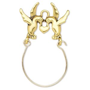 Focal, antiqued gold-finished "pewter" (zinc-based alloy) and steel, 42x25mm single-sided charm holder with 25x18mm birds with heart. Sold per pkg of 2.