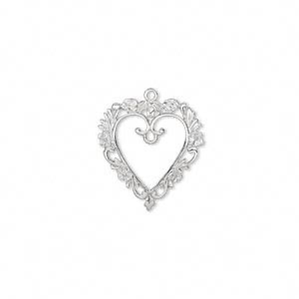 Focal, silver-plated "pewter" (zinc-based alloy), 33x31mm single-sided open heart with floral border and center loop. Sold individually. image number 0
