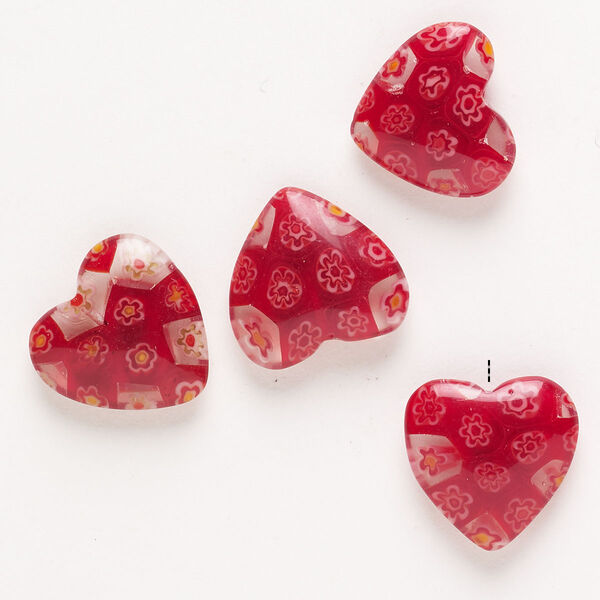 Bead, millefiori glass, pkg/4, translucent multicolored, 18-20mm half-drilled puffed heart. image number 0