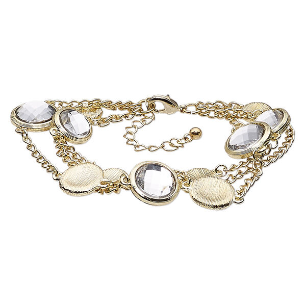 Bracelet, acrylic with gold-finished steel and "pewter" (zinc-based alloy), clear, 6-1/2 inches with 2-inch extender chain and lobster claw clasp. Sold individually. image number 0