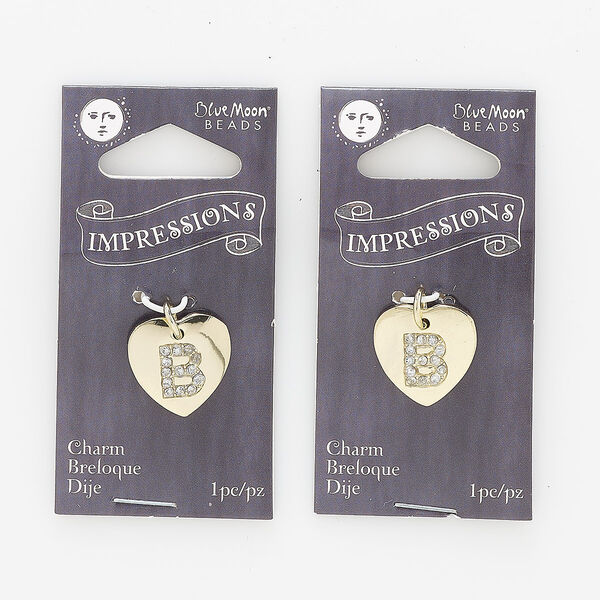 Charm, gold-finished "pewter" (zinc-based alloy) / steel / acrylic rhinestone, clear, 15.5x15mm single-sided puffed heart with letter "B." Sold per pkg of 2. image number 0