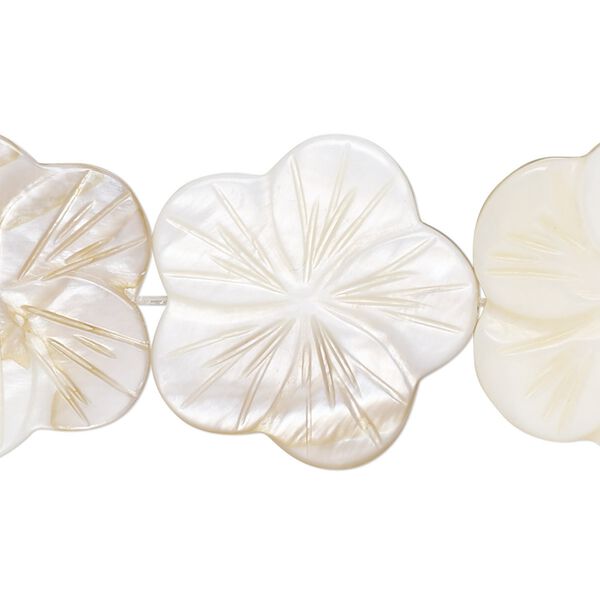 Bead, mother-of-pearl shell (natural / bleached), 23x22mm-25x24mm carved flower with 0.6-0.8mm hole, Mohs hardness 3-1/2. Sold per 15-inch strand. image number 0