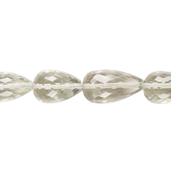 Bead, green quartz (heated), 10x7mm-17x9mm hand-cut micro-faceted teardrop with 0.4-1.4mm hole, B+ grade, Mohs hardness 7. Sold per 6-1/2 inch strand. image number 0