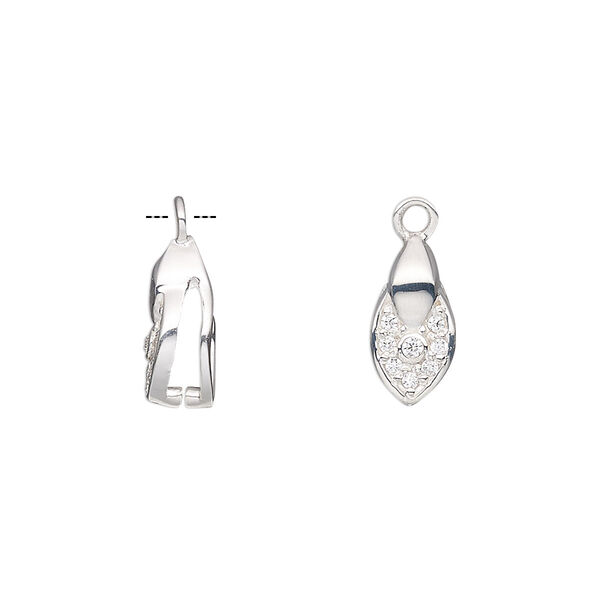Bail, ice-pick, sterling silver and cubic zirconia, clear, 12x6mm teardrop with 7.5mm grip length. Sold individually. image number 0
