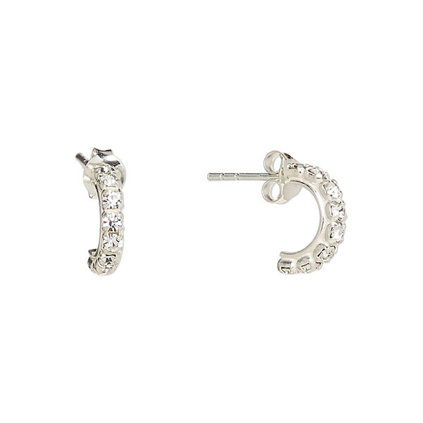 Earring, sterling silver and cubic zirconia, clear, 12mm half hoop with post. Sold per pair. image number 0