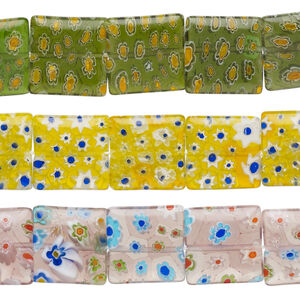 Bead mix, millefiori glass, translucent multicolored, 16mm puffed square with flower design. Sold per pkg of (3) 14-inch strands.