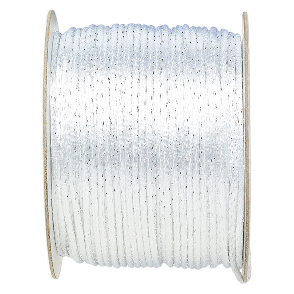 Cord, Satinique™, satin, white and metallic silver, 2mm. Sold per 432-foot spool. image number 0