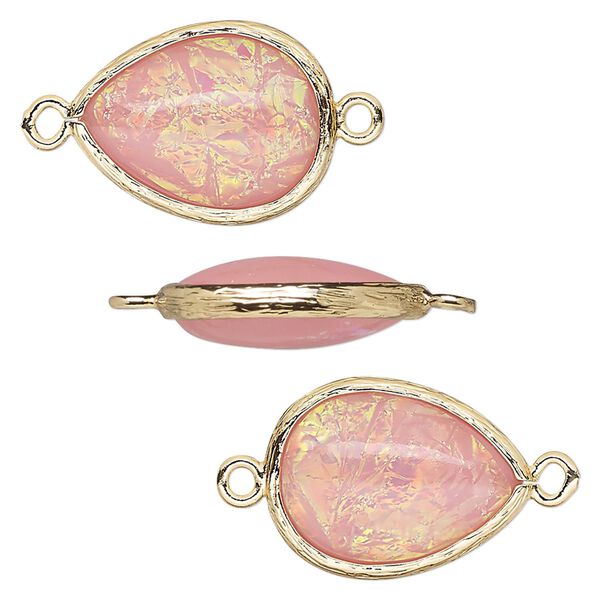 Link, Opalized Ice™, "opal" (resin) and gold-finished brass, light pink, 19.5x15mm double-sided teardrop. Sold per pkg of 4. image number 0