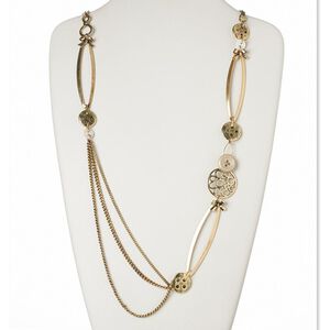 Necklace, mother-of-pearl shell (dyed) / acrylic / resin / antiqued gold-finished brass / "pewter" (zinc-based alloy) / steel, brown and yellow, buttons, 38 inches with lobster claw clasp. Sold individually.