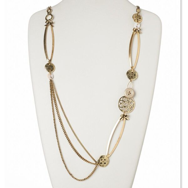 Necklace, mother-of-pearl shell (dyed) / acrylic / resin / antiqued gold-finished brass / "pewter" (zinc-based alloy) / steel, brown and yellow, buttons, 38 inches with lobster claw clasp. Sold individually. image number 0