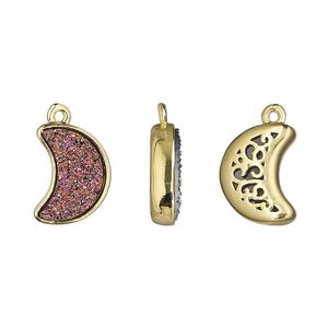 Drop, Druzylite™, "druzy" (resin) and gold-finished brass, metallic purple, 14x10mm two-sided moon with open filigree back. Sold per pkg of 4.