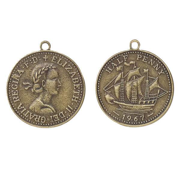 Charm, antique brass-plated "pewter" (zinc-based alloy), 25mm coin with Elizabeth II half-penny design. Sold per pkg of 10. image number 0