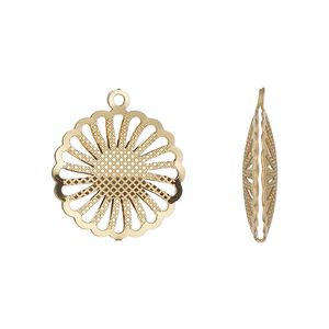 Drop, gold-finished stainless steel, 18mm double-sided domed round with textured cut-out sun design. Sold per pkg of 6.