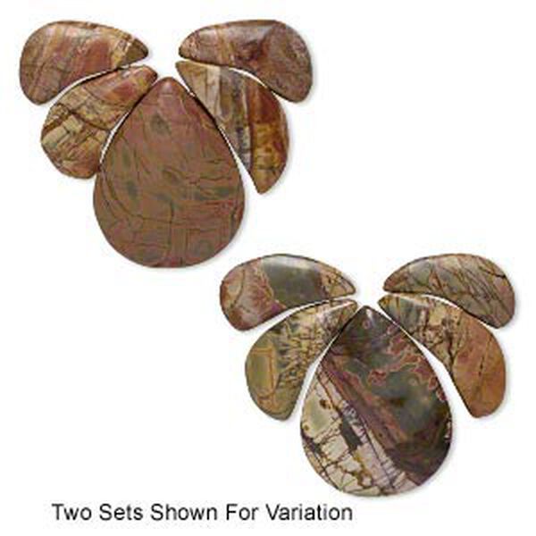 Focal, red creek jasper (stabilized), 31x15mm-35x17mm crescent with flat back and 45x35mm teardrop with flat back, B grade, Mohs hardness 6-1/2 to 7. Sold per 5-piece set. image number 0