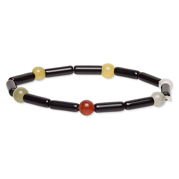 Bracelet, stretch, multi-gemstone (natural / dyed / heated) and glass, multicolored and opaque black, 6-7mm round and 12x4mm-13x5mm round tube, 6 inches. Sold individually. image number 0