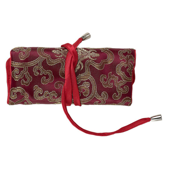 Jewelry roll, embroidered nylon brocade, red and multicolored, 6-1/4x3 inches closed, 8-1/2x6-1/4 inches open, sequined design, tie-cord closure. Sold individually. image number 0
