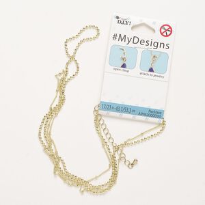 Necklace, 2-strand, steel, pkg/(1) 17 inches, gold finish, 2mm ball and 2mm curb with lobster claw clasp and 3-inch extender chain.