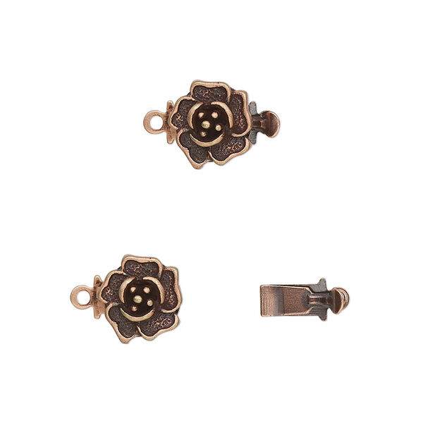 Clasp, tab, antique copper-plated brass, 9mm rose. Sold per pkg of 10. image number 0