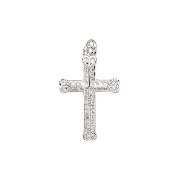 Drop, cubic zirconia and imitation rhodium-plated brass, clear, 20.5x15mm single-sided cross with heart design. Sold individually. image number 0