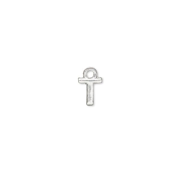 Charm, silver-finished "pewter" (zinc-based alloy), 7x5mm alphabet letter T. Sold per pkg of 2. image number 0