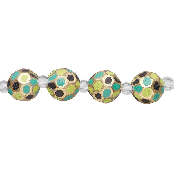 Bead, glass 1pkg4, lime green / black / gold, 12mm hand-painted faceted round. image number 1