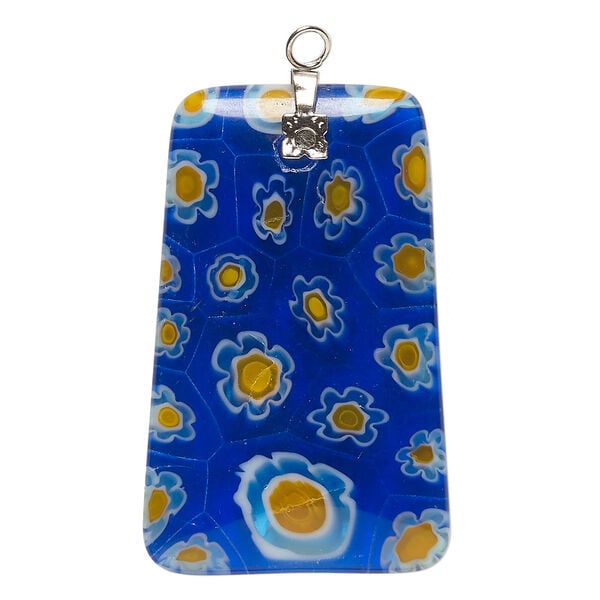 Focal, millefiori glass and silver-finished steel 1pkg1, translucent cobalt blue and multicolored, 42x26mm-43x27mm puffed trapezoid. image number 0