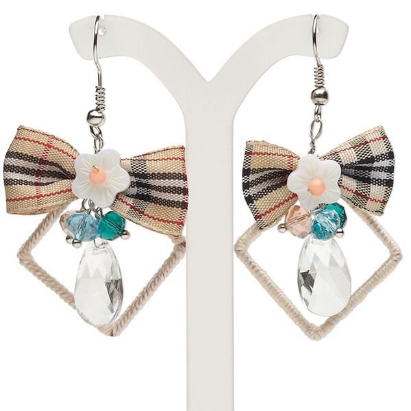 Earring, freshwater pearl shell / glass / satin ribbon / silver-finished steel, multicolored, open diamond / flower / teardrop, 2-1/2 inches with fishhook ear wire. Sold per pair. image number 0