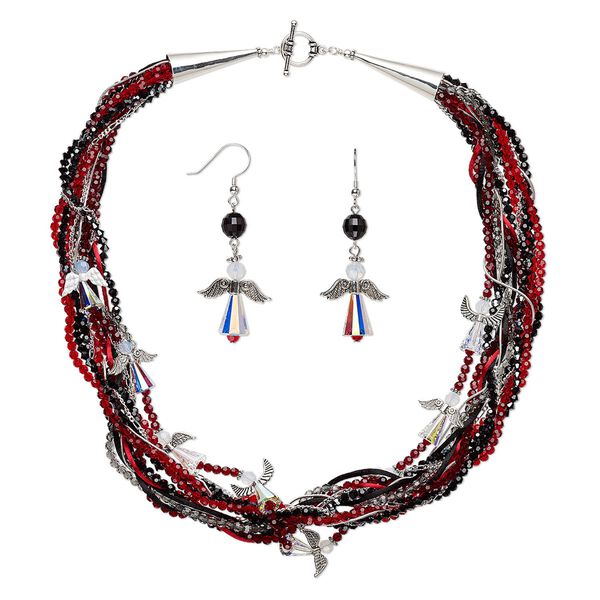 Necklace and earring set, One of a Kind Jewelry, crystal / sterling silver / antique silver-plated "pewter" (zinc-based alloy) / satin, red / black / crystal AB, 23 inches with toggle clasp and 2-1/2 inches with fishhook ear wire. Only one available. image number 0