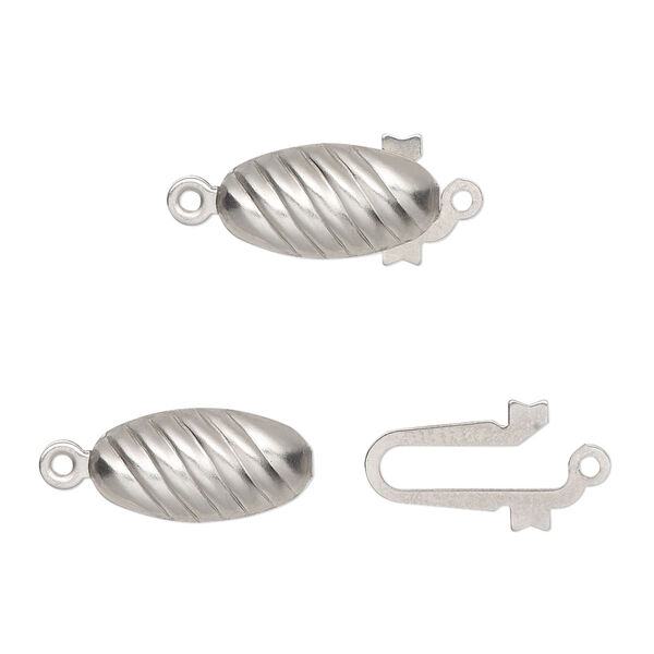 Clasp, fishhook, stainless steel, 15x7.5mm single-sided corrugated oval. Sold per pkg of 10. image number 0
