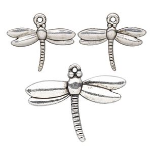 Focal and charm, antique silver-finished "pewter" (zinc-based alloy), (1) 30x20mm double-sided dragonfly and (2) 20x15mm double-sided dragonfly. Sold per 3-piece set.