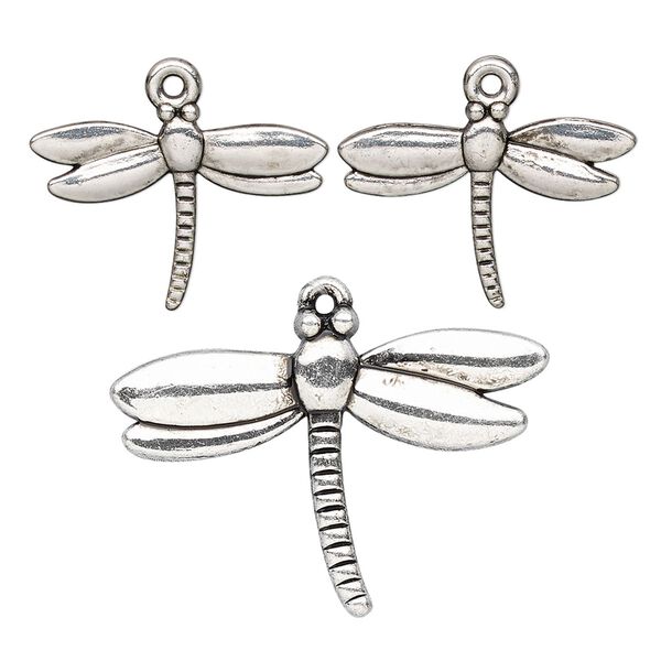 Focal and charm, antique silver-finished "pewter" (zinc-based alloy), (1) 30x20mm double-sided dragonfly and (2) 20x15mm double-sided dragonfly. Sold per 3-piece set. image number 0