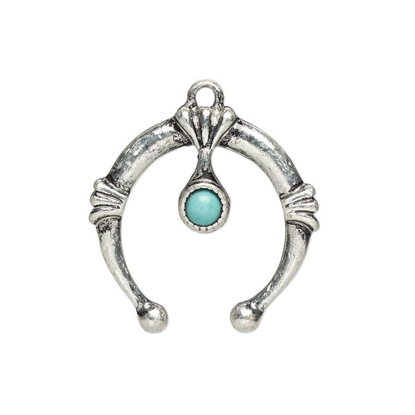 Drop, "turquoise" (resin) (imitation) and antiqued "pewter" (zinc-based alloy), blue, 25x24mm single-sided naja. Sold individually. image number 0