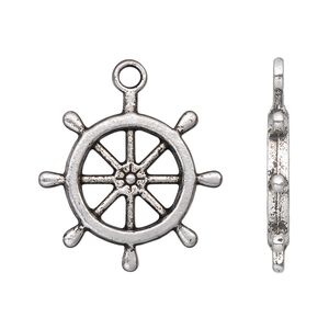 Charm, antique silver-plated "pewter" (zinc-based alloy), 25x25mm single-sided ship wheel. Sold per pkg of 10.