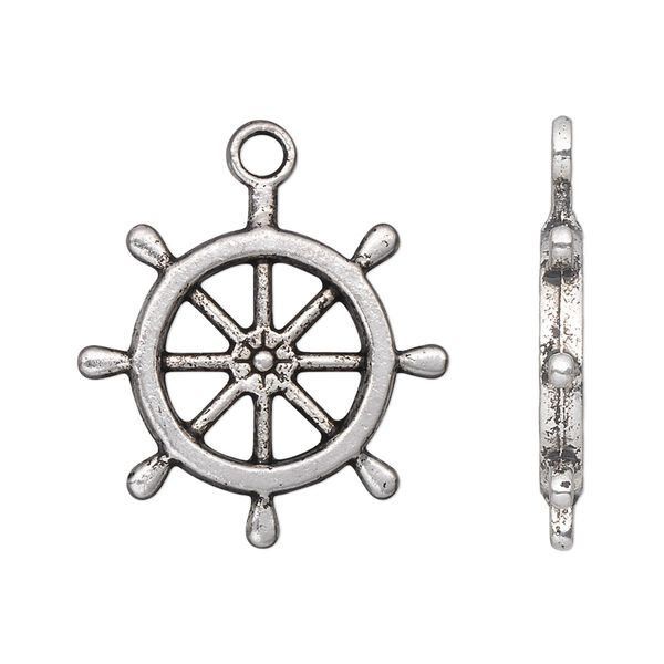 Charm, antique silver-plated "pewter" (zinc-based alloy), 25x25mm single-sided ship wheel. Sold per pkg of 10. image number 0