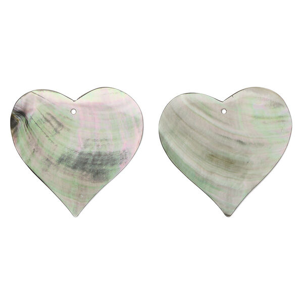 Focal, black lip shell (natural), 32mm hand-cut top-drilled single-sided heart, Mohs hardness 3-1/2. Sold per pkg of 2. image number 0