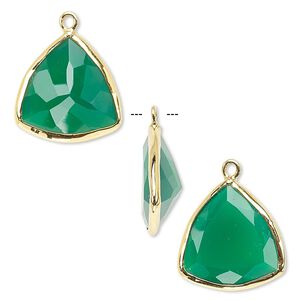 Drop, green onyx (dyed) and gold-finished sterling silver, 16x16x16mm two-sided faceted triangle. Sold per pkg of 2.