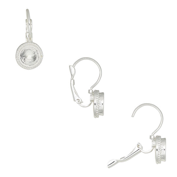 Ear wire, Almost Instant Jewelry®, silver-plated "pewter" (zinc-based alloy), 25.5mm leverback with rope edge and SS34 round setting. Sold per pair. image number 0