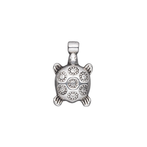 Charm, antique silver-plated "pewter" (zinc-based alloy), 15x12mm single-sided turtle. Sold per pkg of 20. image number 0