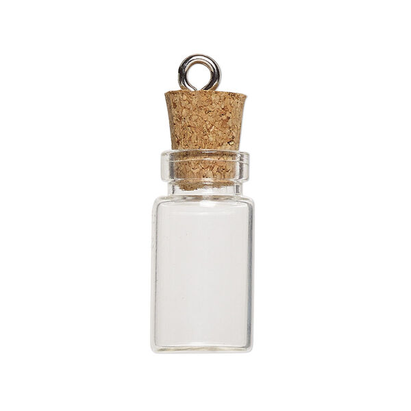 Component, glass / cork / nickel-finished steel, clear, 22x11mm bottle with stopper and screw eye. Sold per pkg of 100. image number 1