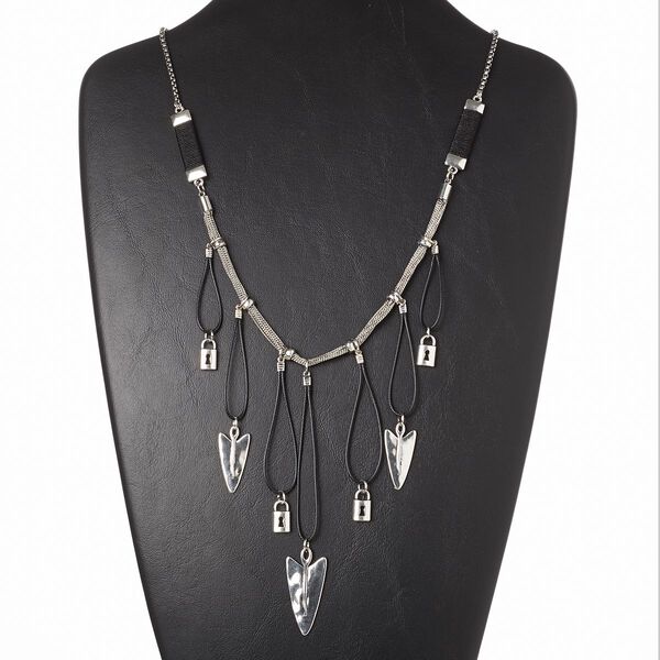 Necklace, waxed cotton cord / rayon / steel / antiqued silver-finished brass and "pewter" (zinc-based alloy), black, 4-1/2 inch dangle with arrows and locks, 26 inches with 3-inch extender chain and lobster claw clasp. Sold individually. image number 0
