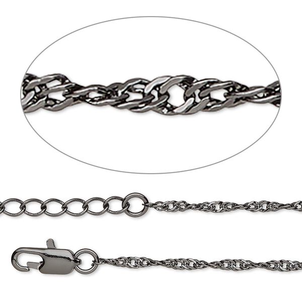 Chain, gunmetal-plated brass, 2mm Singapore, 24 inches with 1 to 3 inches extender chain lobster claw clasp. Sold individually. image number 0