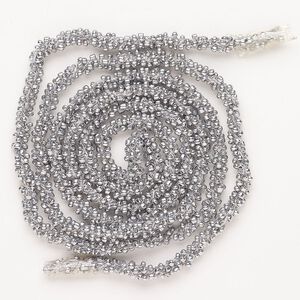 Cord, glass and nylon, pkg/40 inches, 5.5mm round hand-crocheted seed bead cord, silver.