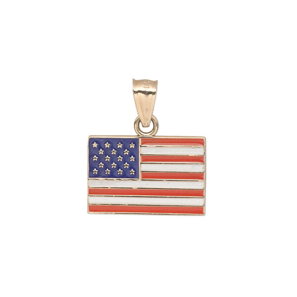 Pendant, 14Kt gold and enamel, red/white/blue, 18x12mm single-sided USA flag. Sold individually. image number 0