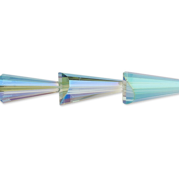 Bead, glass, clear iris green, 16x8mm faceted cone. Sold per 8-inch strand, approximately 10 beads. image number 0